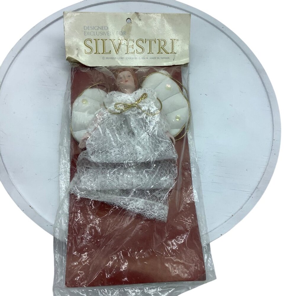 Vtg Silvestri Collectible Angel‎ Ornament With Lace Dress & Gold Accents 9"